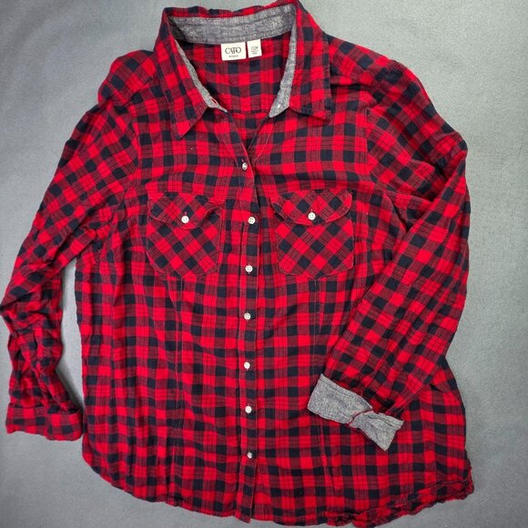 Cato Shirt Woman Plus 22-24W Red Black Plaid Contrasting Gray Trim Casual Layer - Picture 10 of 12